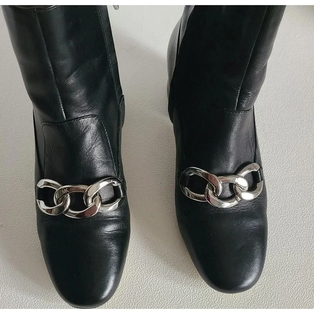 WOMENS' MICHAEL KORS CHAIN EMBELLISHED LEATHER ANKLE BOOTS BOOTIES BLACK SZ 6 M